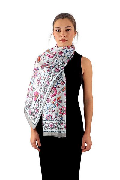 Bursa İpek Gray Lilies Pattern Voile Silk Scarf