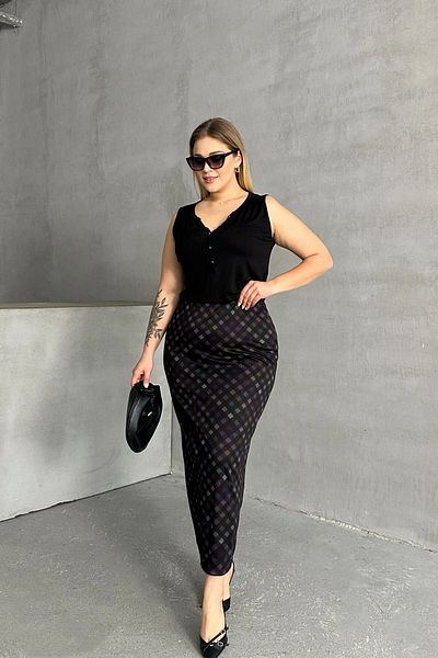 Stil Diva Diamond Patterned Pocketless Midi Large Size Skirt - 302495