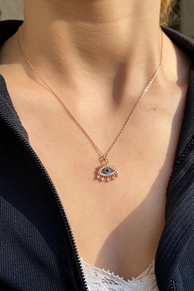 Spossy Silver Jewelry 925 Ayar Gümüş, Rose, Kirpikli Göz Kolye