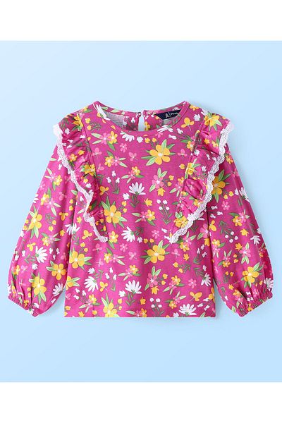 Pine kids Cotton Knit Peasant Sleeves Lace & Frill Detailing Floral Printed Top - Dark Pink