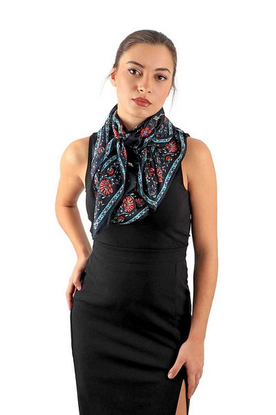 Bursa İpek Black Lilies Pattern Voile Silk Scarf