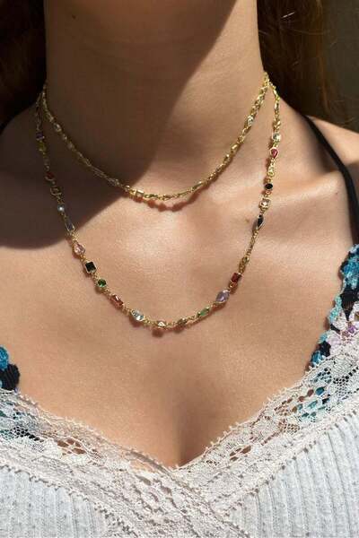 Spossy Silver Jewelry Geometrik Taşlı Choker Kolye