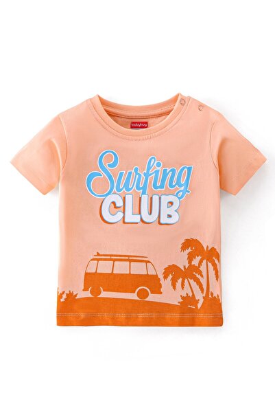 Babyhug تي شيرت قطني بأكمام نصفية وطبعة نادي ركوب الأمواج - لون الخوخ