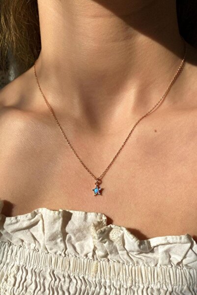 Spossy Silver Jewelry 925 Ayar Gümüş, Rose, Açık Mavi Opal Taşlı Minimal Yıld...