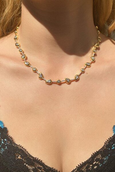 Spossy Silver Jewelry 925 Ayar Gümüş, 14 Ayar Gold Full Taşlı Damla Choker Kolye
