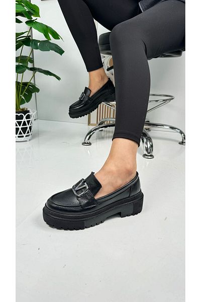 Nstil Loafer negru - Mocasin clasic cu talpă groasă și lanț cu vârf oval 400-420-430