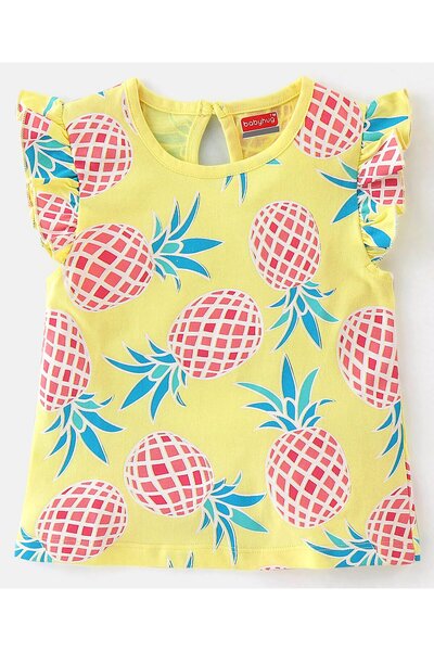 Babyhug 100% Cotton Knit Frill Sleeves T-Shirt with Pineapple Print Pack of 3 - Yellow & Pink