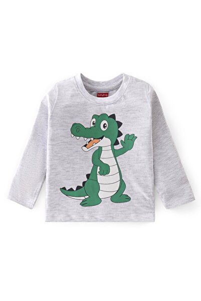 Babyhug تي شيرت بأكمام كاملة من القطن بنسبة 100% مع رسومات ديناصور - رمادي