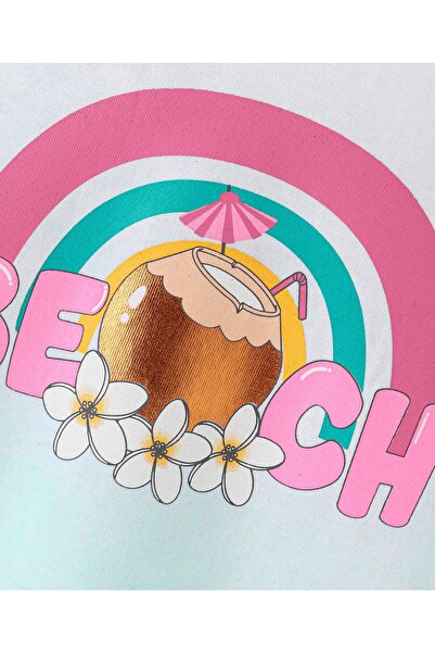 Babyhug Babyhug 100% Cotton Knit Frill Sleeves Top Beach Theme With Foil Print -White & Light Green