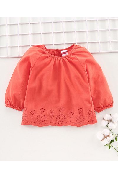 Babyhug Babyhug Peasent Sleeves Top with Schiflli Floral Embroidery - Coral