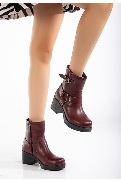 Aymood 5109-3042 Claret Red αγκράφα Αξεσουάρ με φερμουάρ Χοντρό τακούνι καθημερινές γυναικείες μπότες