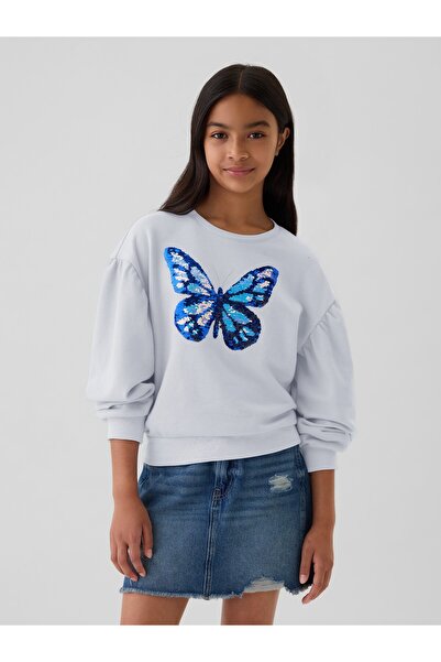 GAP Kız Çocuk Mavi Relaxed Flippy-Sequin Grafikli Fransız Havlu Kumaş Sweatshirt