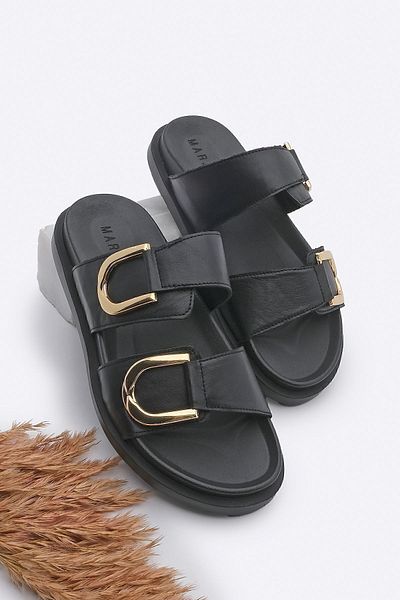 Marjin Schwarze Damen-Hausschuhe aus echtem Leder - Merpe mit goldener Schnalle und dicker Sohle