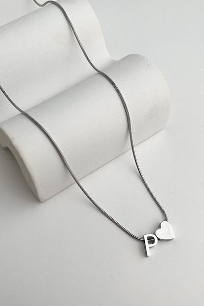 Modex Steel Heart Detailed Letter P Necklace (45Cm+5Cm)