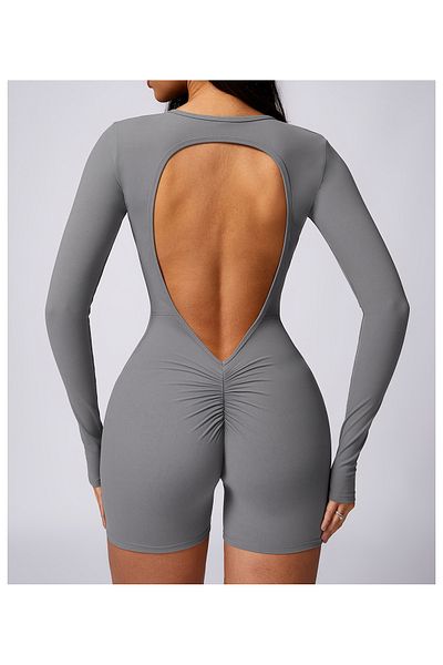 YUNASPORT Women's Long Sleeve Back Detail Gathered Back Short Sports Jumpsuit