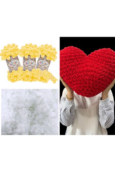 Alize 3 Puffy Heart Pillows - 216 Yellow and 400g. Bead Fiber Set