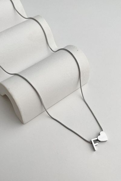 Modex Steel Heart Detailed Letter F Necklace (45Cm+5Cm)