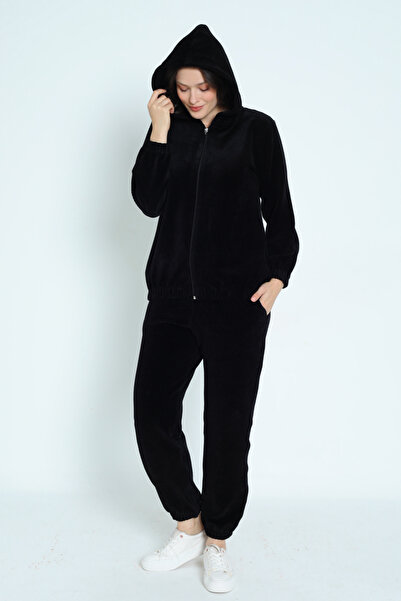 İntensive Women's Black Long Sleeve Pocket Zipper Hooded Cotton Velvet Bottom Top Suit