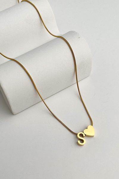 Modex Steel Heart Detailed Letter S Necklace (45Cm+5Cm)