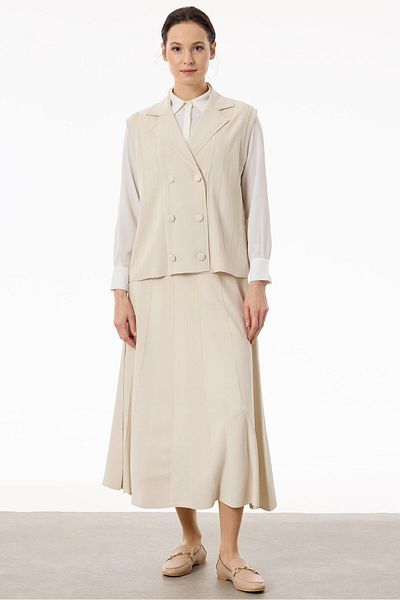 Tığ Triko Σετ γιλέκο και φούστα BEIGE Rayon