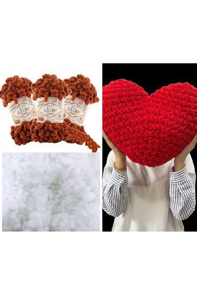 Alize Puffy 3 Heart Pillows - 597 Tan and 400g. Bead Fiber Set