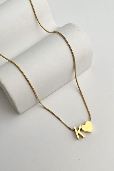 Modex Steel Heart Detailed Letter K Necklace (45Cm+5Cm)