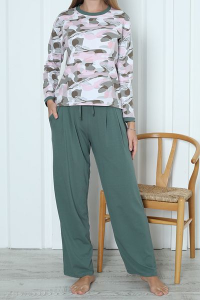 Nicoletta Set de pijamale din bumbac lycra VERDE pentru femei - mâneci lungi și buzunare