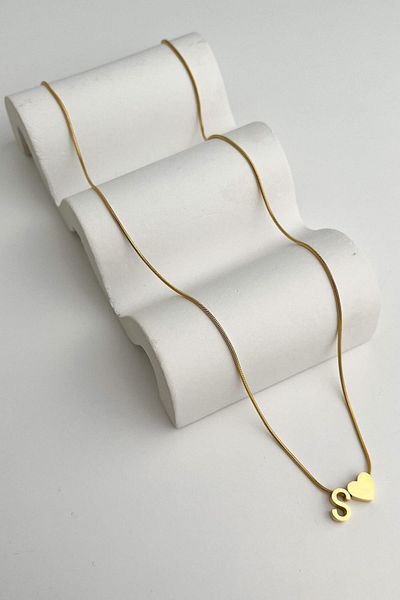 Modex Steel Heart Detailed Letter S Necklace (45Cm+5Cm)