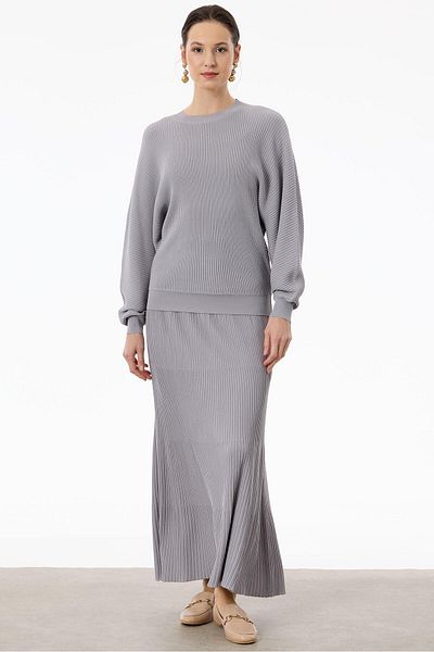 Tığ Triko Gray Rayon Suit - Bat Sleeve Skirt