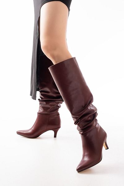 ELLOLİTA LUXURY SHOES SR-2001 Claret Red Thin Heeled Daily Boots