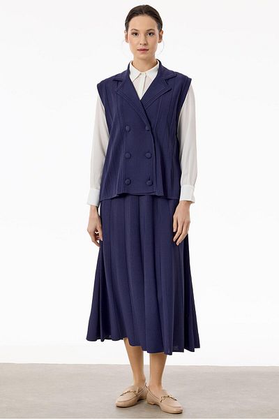 Tığ Triko Σετ γιλέκο και φούστα Navy Blue Rayon