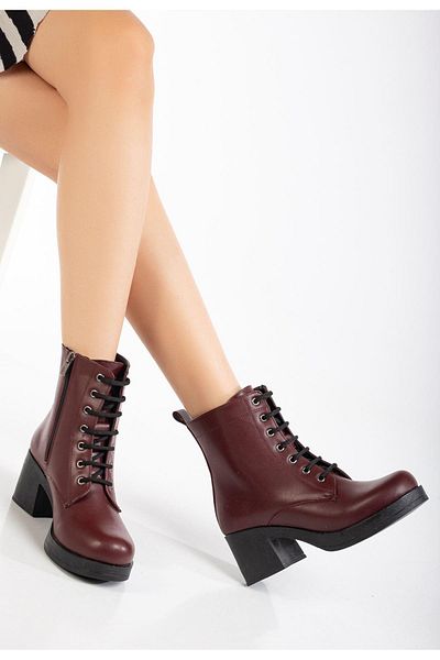 Aymood 5109-3025 Burgundy Lace-Up Zippered Thick Heeled Daily Women's Boots