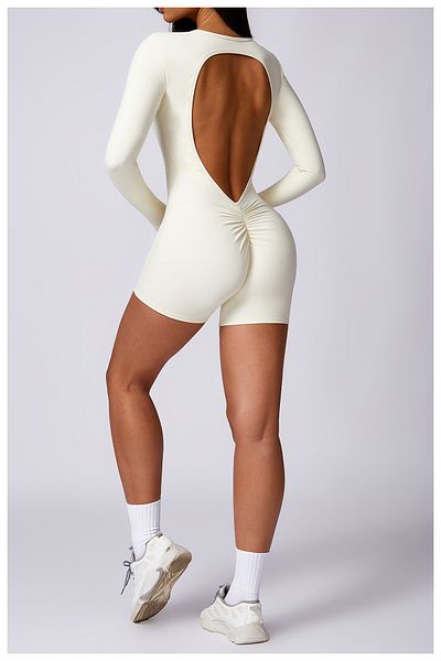 YUNASPORT Women's Long Sleeve Back Detail Gathered Back Short Sports Jumpsuit