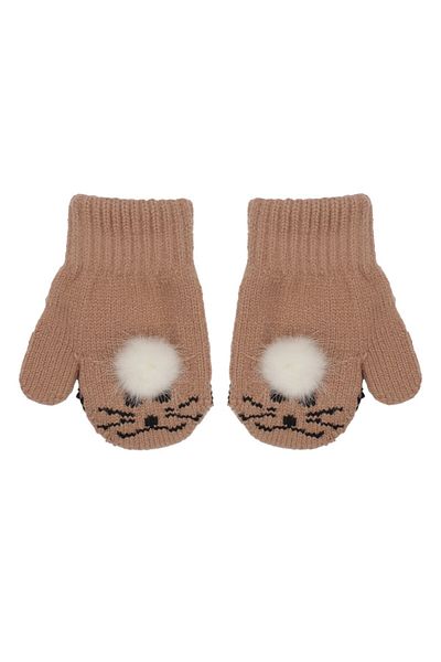 bebegen Baby Girl Brown Cat Pompom Fingerless Knitwear Gloves 1-3 Years
