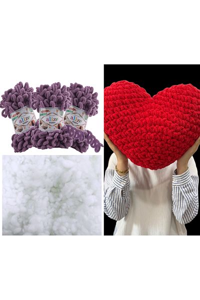 Alize 3 Μαξιλάρια Puffy Heart - 437 Λεβάντα και 400γρ. Σετ ινών με χάντρες
