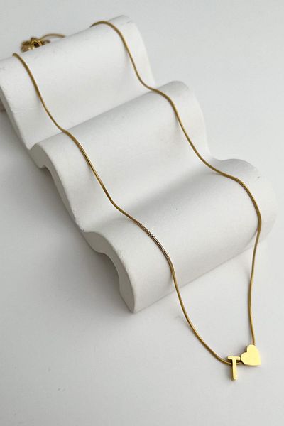Modex Steel Heart Detailed Letter t Necklace (45Cm+5Cm)