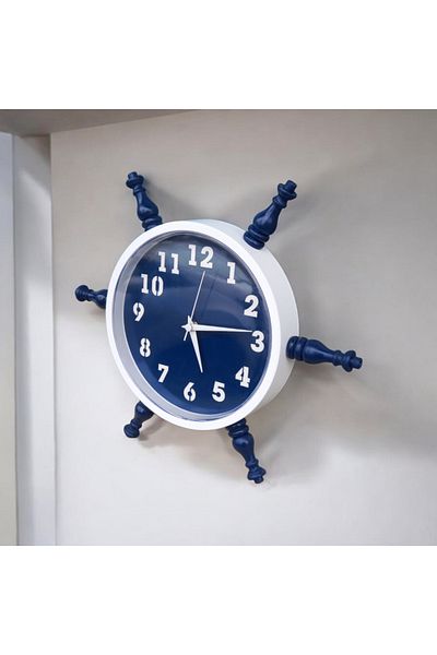 Bahat White Navy Blue Wooden Sailor Sailor Rudder Wall Living Room Office Clock Diameter 36.5 cm