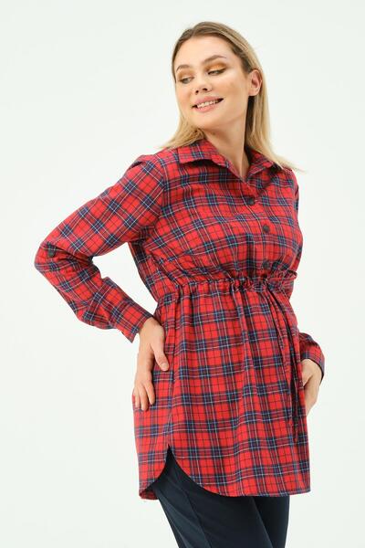 BUSA Red Plaid Shirt - Pregnant Women's Lace-Up Waist, Button Front