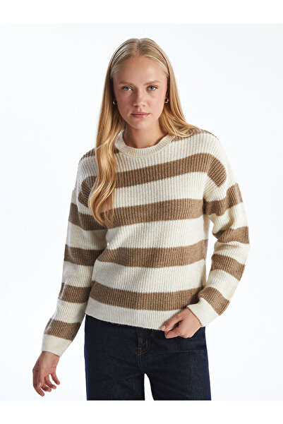 LC Waikiki LCW Comfort Bej Çizgili Bisiklet Yaka Renk Bloklu Kadın Triko Kazak