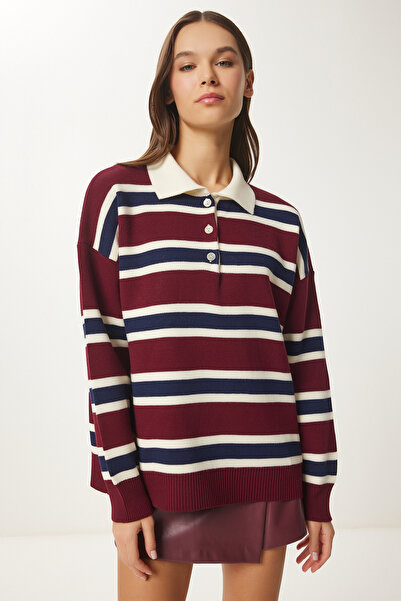 Lovelyİstanbul Polo Yaka Çizgili Triko Kazak BORDO LACİVERT LDP0026