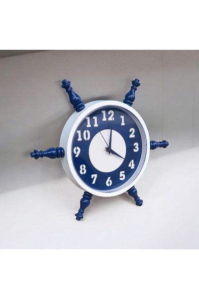 Bahat Navy Blue White Wooden Sailor Sailor Rudder Wall Living Room Office Clock Diameter 36 cm