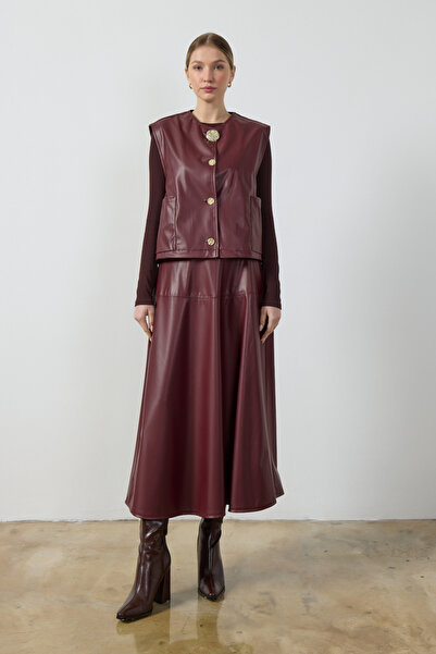 Birgül Bektaş Bordo Deri Etek