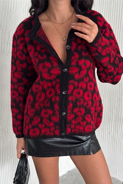 FEMELLE Cardigan de tricotaj premium pentru damă, burgundy, mărime standard, cu model leopard