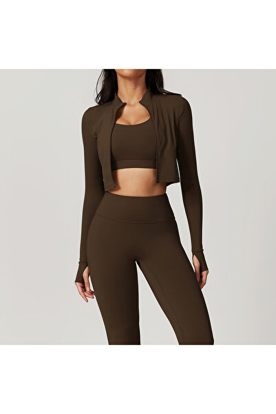 YUNASPORT Kadın 3’lü Parmak Geçmeli Spor Ceket, Spor Bra ve Arkası Büzgülü Sp...