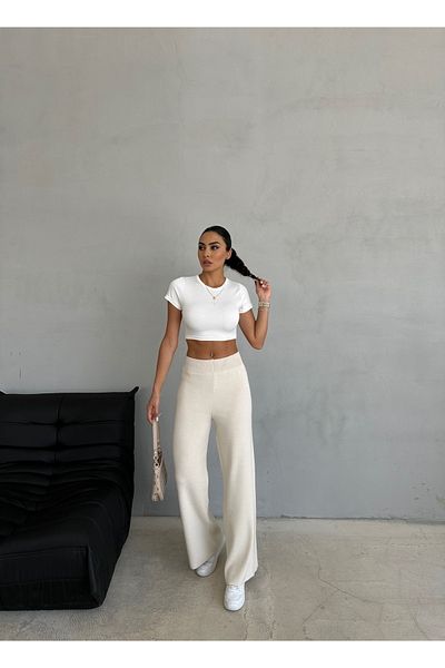 YUSUF CAN KARATAŞ KARATAŞ GİYİM Women's Cream Plain Knitwear Pants Length 100 cm