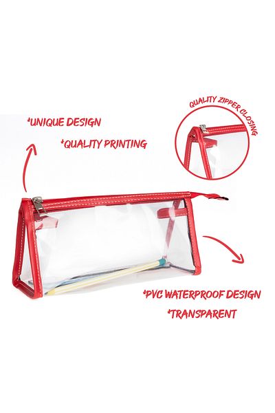 VUKİ Red Color Triangle Clear Leather Zipper Pencil Case & Makeup Bag