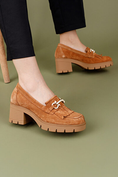 Getcho حذاء لوفر نسائي من الجلد السويدي الأصلي بكعب أسمر اللون