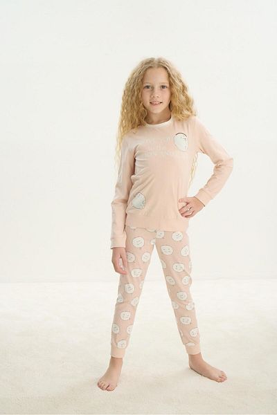 Sevim Set de pijamale cu mâneci lungi de culoare pudra pentru fete - C1T0N7O8