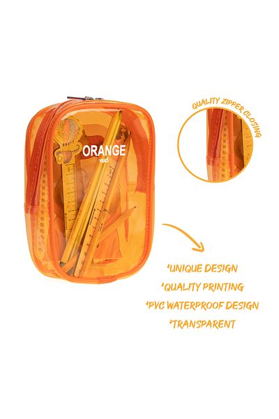 VUKİ Trusa de creion și geantă de machiaj cu fermoar dreptunghiular transparent de culoare portocalie