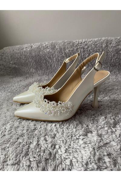 Zarifiz 9 cm Pearl Embroidered Stiletto Women's Heeled Shoes - Mother of Pearl